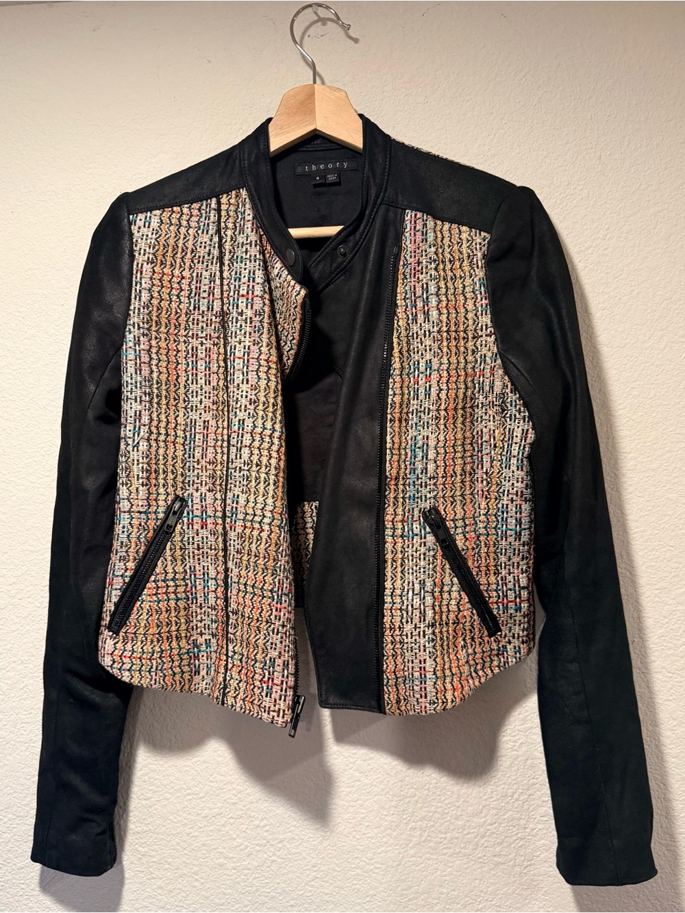 THEORY Multicolored Woven Silk w/ Soft Sueded Goat Leather Sleeves Zip Up Jacket - Picture 6 of 7